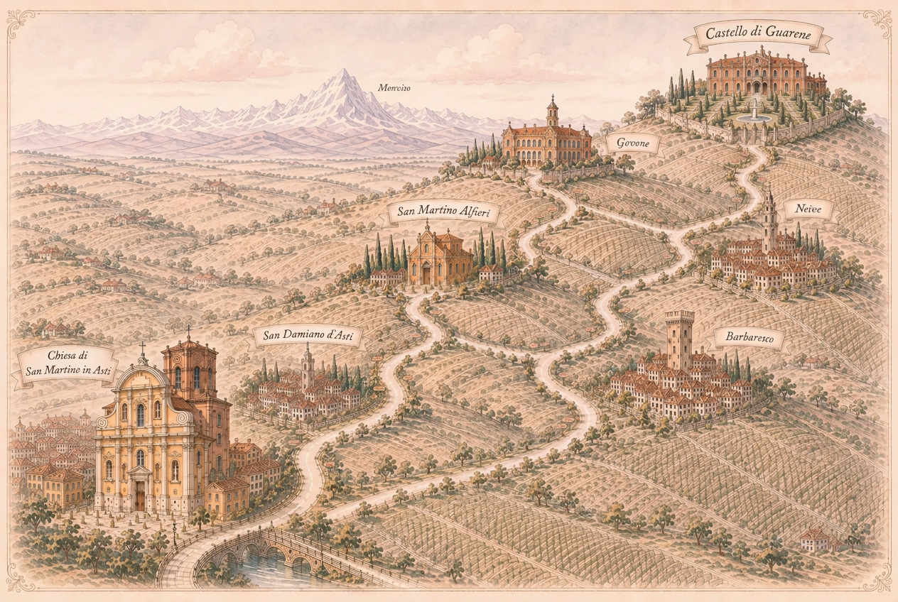 Mappa illustrata del percorso dalla Chiesa di San Martino in Asti al Castello di Guarene